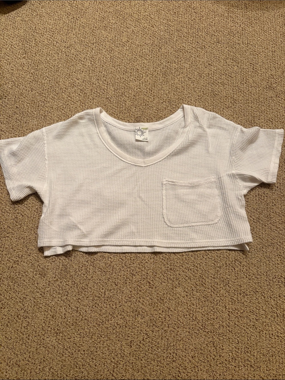 Cropped White Waffle-Knit Pocket Tee - Women